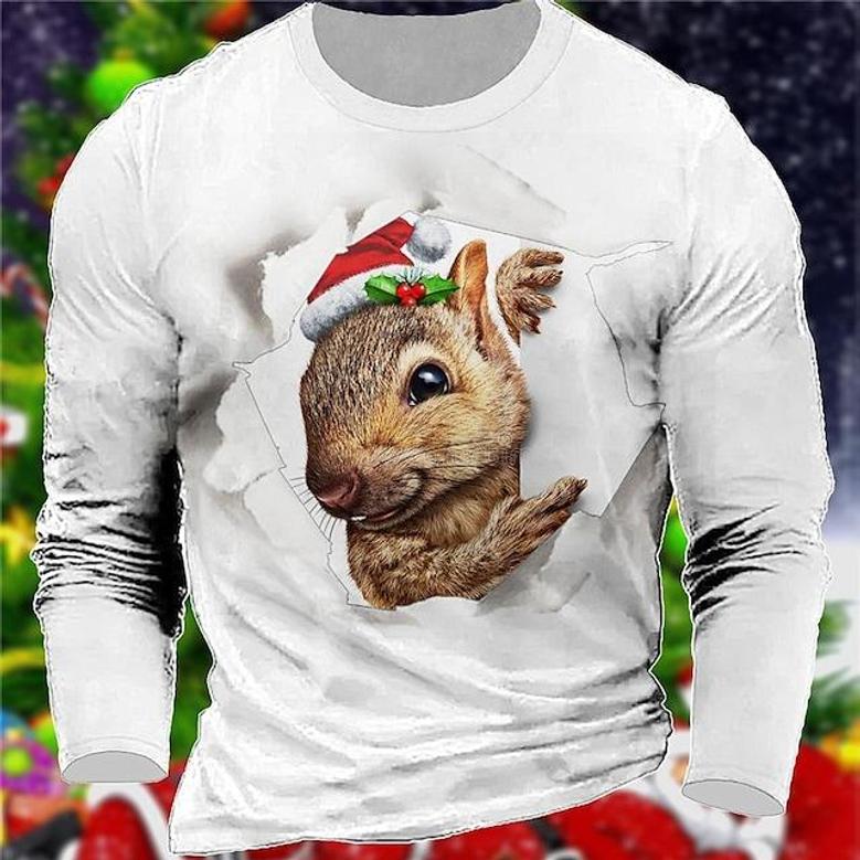 Men's T Shirt Tee Graphic Prints Squirrel Crew Neck White+white White 3d Print Outdoor Street Long Sleeve Print Clothing Apparel Basic Sports Designer Casual