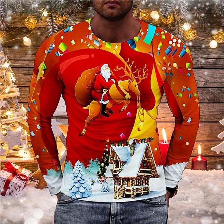 Men's T Shirt Tee Santa Claus Graphic Prints Crew Neck Green Blue Red 3d Print Outdoor Christmas Long Sleeve Print Clothing Apparel Basic Sports Designer Casual