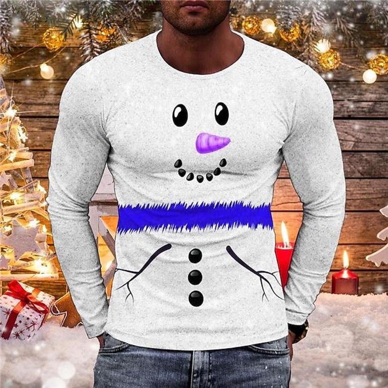 Men's T Shirt Tee Snowman Graphic Prints Crew Neck Green Blue Red 3d Print Outdoor Christmas Long Sleeve Print Clothing Apparel Basic Sports Designer Casual