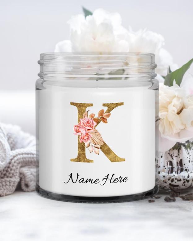 Personalized initial "K" monogram candle| candle for mom, sister bestie, bridesmaid| scented candle gift| custom gold initial candle letter K Soy Wax Candle Jar 9oz