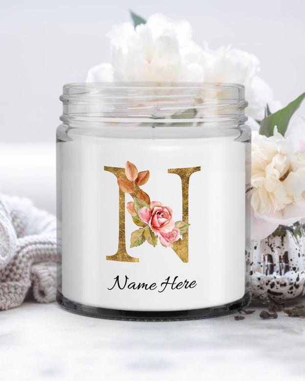 Personalized initial "N" monogram candle| candle for mom, sister bestie bridesmaid| scented candle gift| custom gold initial candle letter N Soy Wax Candle Jar 9oz