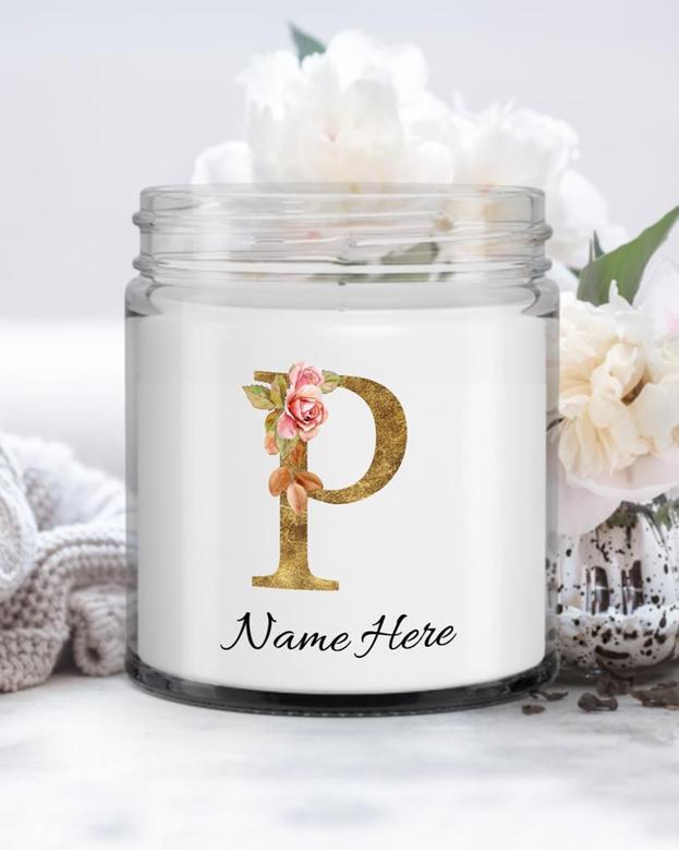 Personalized initial "P" monogram candle| candle for mom, sister bestie bridesmaid| scented candle gift| custom gold initial candle letter P Soy Wax Candle Jar 9oz