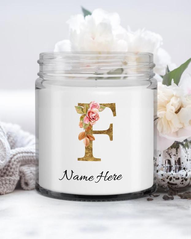 Personalized initial "F" monogram candle| candle for mom, sister bestie, bridesmaid| scented candle gift| custom gold initial mug| letter F Soy Wax Candle Jar 9oz