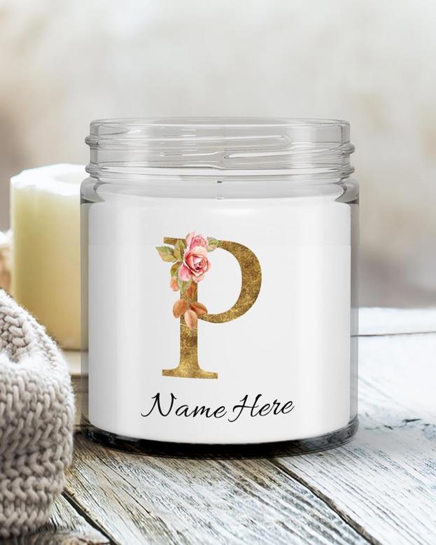 Personalized initial "P" monogram candle| candle for mom, sister bestie bridesmaid| scented candle gift| custom gold initial candle letter P Soy Wax Candle Jar 9oz