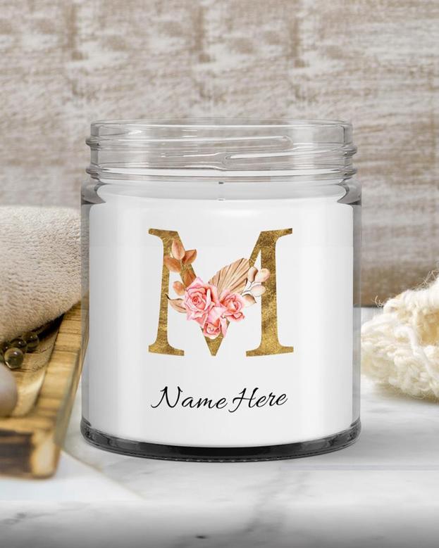 Personalized initial "M" monogram candle| candle for mom, sister bestie bridesmaid| scented candle gift| custom gold initial candle letter M Soy Wax Candle Jar 9oz