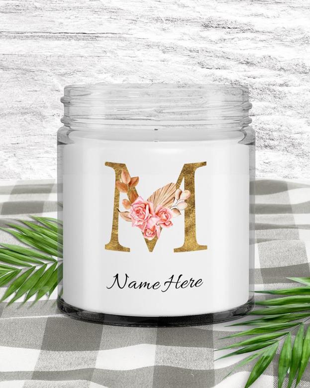 Personalized initial "M" monogram candle| candle for mom, sister bestie bridesmaid| scented candle gift| custom gold initial candle letter M Soy Wax Candle Jar 9oz