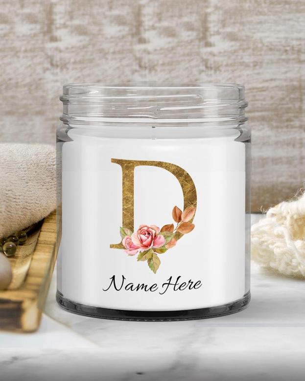 Personalized initial "D" monogram candle| candle for mom, sister bestie, bridesmaid| scented candle gift| custom gold initial mug| letter D Soy Wax Candle Jar 9oz