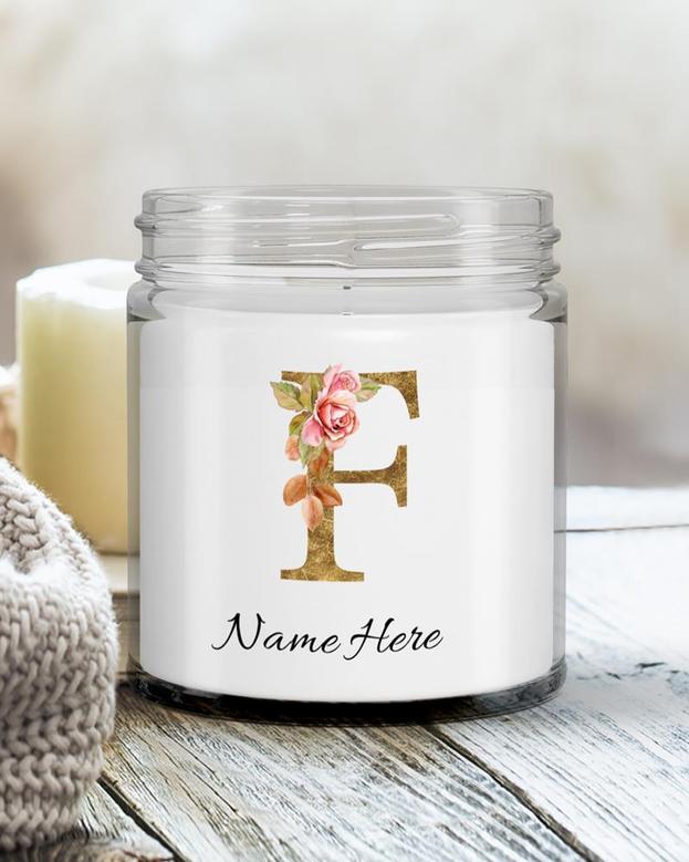 Personalized initial "F" monogram candle| candle for mom, sister bestie, bridesmaid| scented candle gift| custom gold initial mug| letter F Soy Wax Candle Jar 9oz