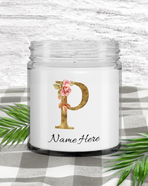 Personalized initial "P" monogram candle| candle for mom, sister bestie bridesmaid| scented candle gift| custom gold initial candle letter P Soy Wax Candle Jar 9oz