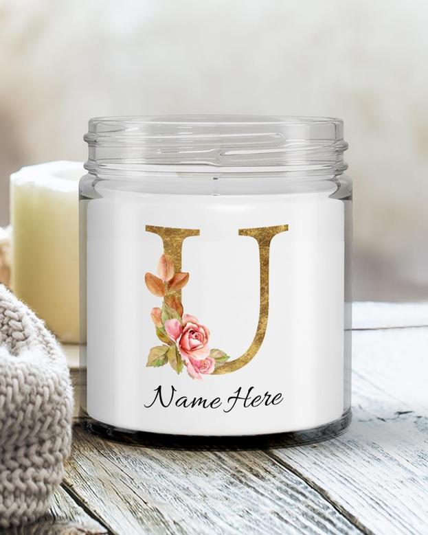 Personalized initial "U" monogram candle| candle for mom, sister bestie bridesmaid| scented candle gift| custom gold initial candle letter U Soy Wax Candle Jar 9oz