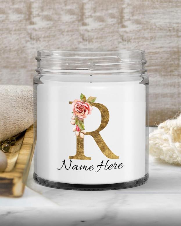 Personalized initial "R" monogram candle| candle for mom, sister bestie bridesmaid| scented candle gift| custom gold initial candle letter R Soy Wax Candle Jar 9oz