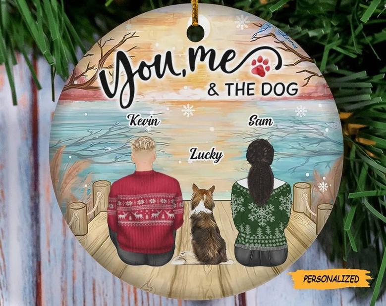 Lake Couple Sitting With Dogs, Personalized Dog Xmas Circle Ornament, Christmas Gift For Dog Lovers, Christmas Ornament, Dog Owner Gift