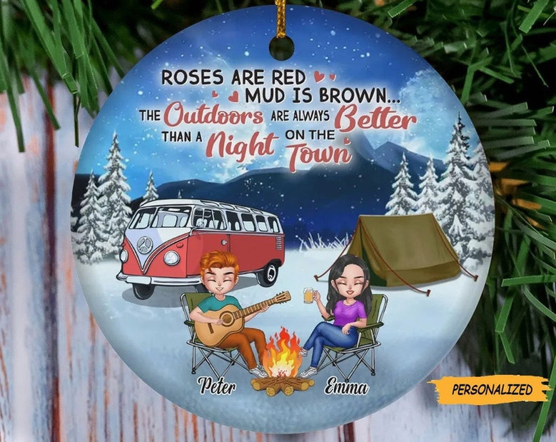 Personalized Camping Couple Xmas Ceramic Ornament, Christmas Gift For Couple, Camping Lover, Husband And Wife Camping Partners For Life