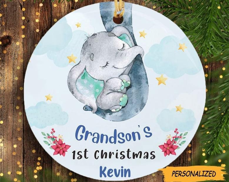 Personalized Grandma Son Grandson's Elephant Circle Ornament, Gift For Grandma to be, Expecting Grandma, First Time New Grandma
