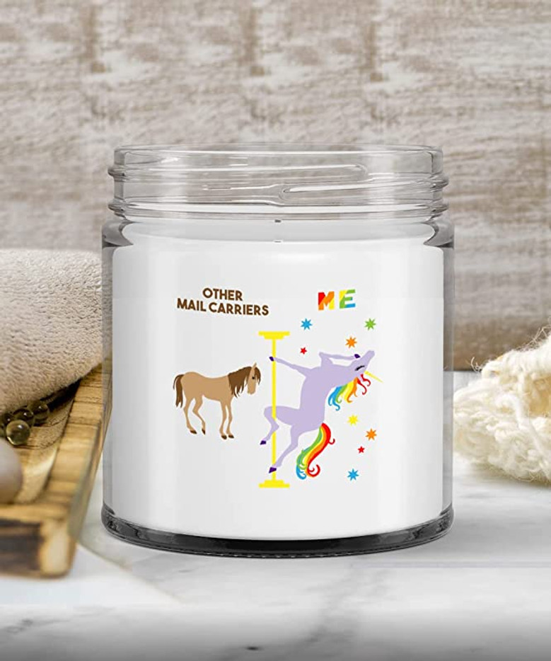 Mail Carrier Gift Other Mail Carriers Vs Me Rainbow Unicorn Candle Vanilla Scented Soy Wax Blend 9 oz. with Lid