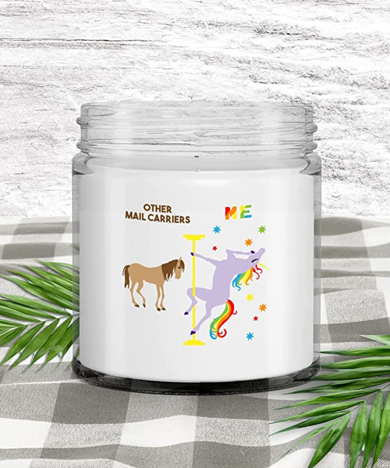 Mail Carrier Gift Other Mail Carriers Vs Me Rainbow Unicorn Candle Vanilla Scented Soy Wax Blend 9 oz. with Lid