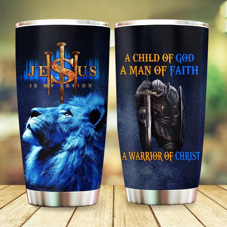 A Child of God a Man of Faith a Warrior of Chirst Jesus Tumbler-Christian Gift For Birthday, Christmas Gifts for Dad Father Grandpa, 20oz Stainless Steel Tumbler Cup with Lid Cold & Hot Water Coffee