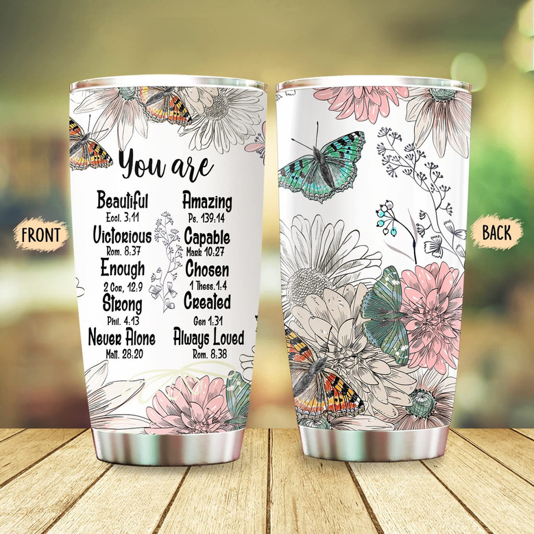 Jesus Tumbler You Are Tumbler Butterfly Flower Pattern Christian Gifts for Women Birthday Gifts for Women Mom Friend Religious Gifts 20oz Stainless Steel with Lid Cold Hot Water Coffee