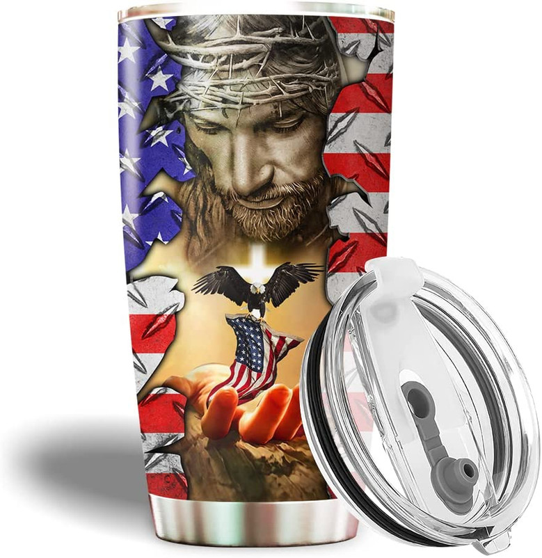 One Nation Under God American Eagle - Patriotic Jesus Flag 1776 20oz Stainless Steel Tumbler with Lid Cold & Hot Coffee Mug