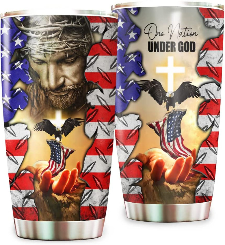 One Nation Under God American Eagle - Patriotic Jesus Flag 1776 20oz Stainless Steel Tumbler with Lid Cold & Hot Coffee Mug