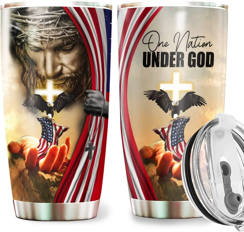 One Nation Under God American Eagle - Patriotic Jesus Flag 1776 Tumbler 20oz Stainless Steel with Lid Cold & Hot Coffee Mug Color 5