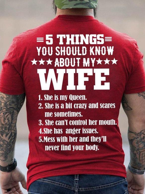 Men's 5 Things You Should Know About My Wife Funny Graphic Print Crew Neck Text Letters Casual T-shirt