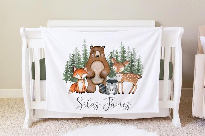 Woodland Blanket, Personalized Baby Blanket Gift, Toddler Blanket, Forest Decor, Toddler Birthday Gift, Woodland Theme, Fox Bear Deer