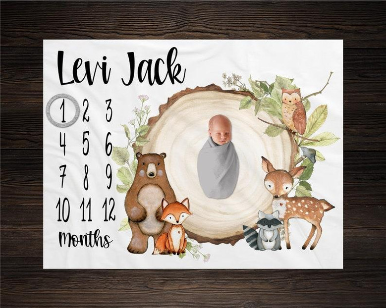 Woodland Milestone Blanket, Monthly Growth Tracker, Personalized Baby Blanket, Custom Blanket, Baby Shower Gift, New Baby Gift, Baby Boy