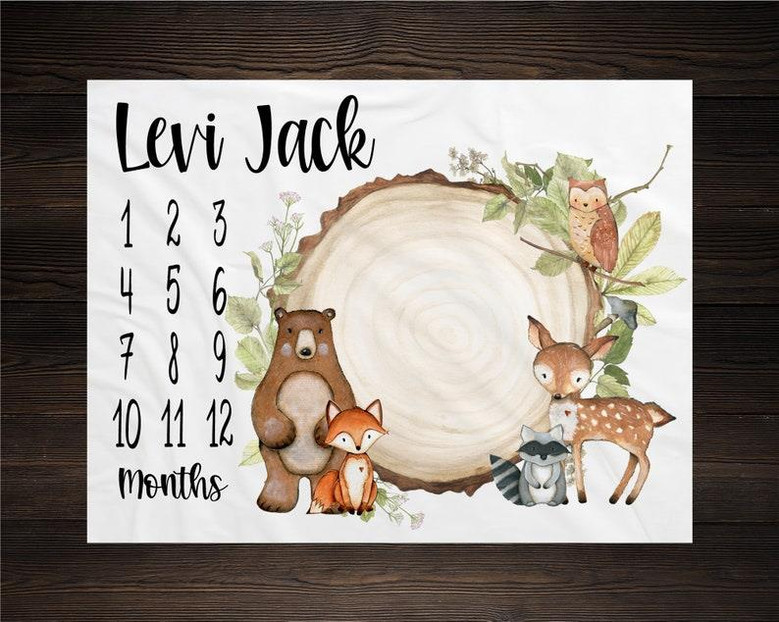 Woodland Milestone Blanket, Monthly Growth Tracker, Personalized Baby Blanket, Custom Blanket, Baby Shower Gift, New Baby Gift, Baby Boy