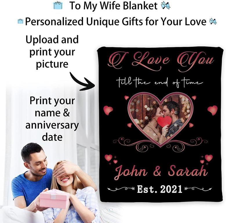 Custom Anniversary Blanket with Name Picture & Date for Wife, Personalized Gifts for Wife, Custom Blanket Couple, for Couple, to My Wife Blanket