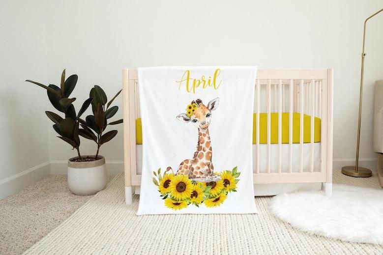 Giraffe Sunflower Blanket, Giraffe Crib Bedding, Personalized Baby Blanket, Giraffe Nursery Theme, Sunflower Baby Blanket, Safari Nursery