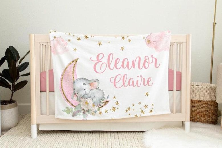 Luna Blanket, Personalized Moon and Stars Baby Blanket, Newborn Coming Home Blanket, New Baby Gift, Moon Elephant Blanket, Girl Blanket T12