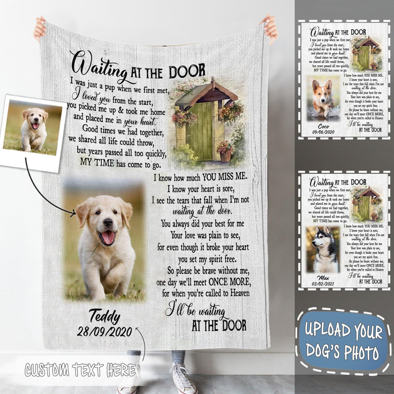 Memorial Blanket - Pofily- Blanket- Waiting At The Door Upload Photo Blanket Memorial Gift For Dog Lovers