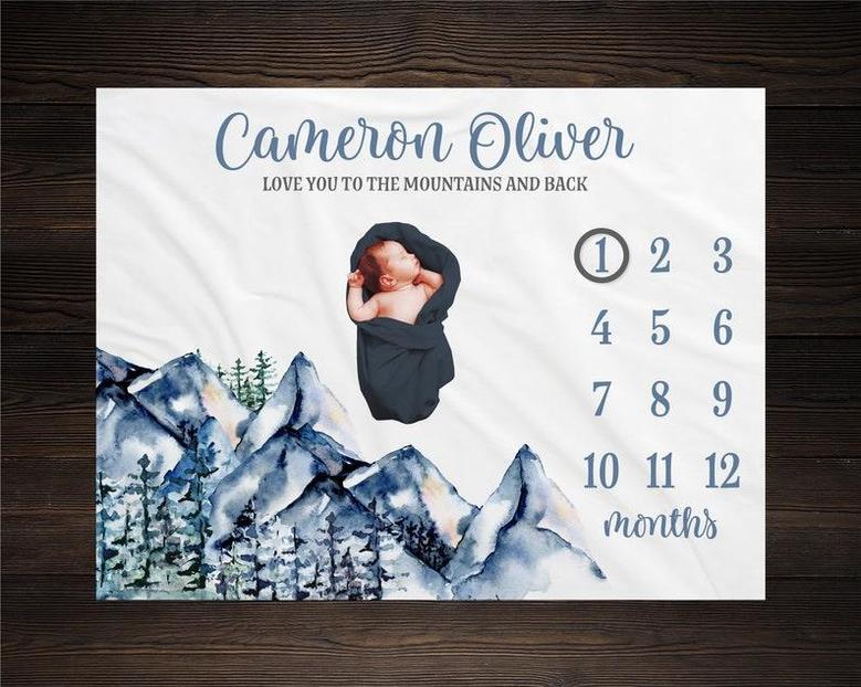 Mountain Baby Milestone Blanket, Monthly Growth Tracker, Personalized Baby Blanket, Custom Blanket New Baby Gift, Baby Boy