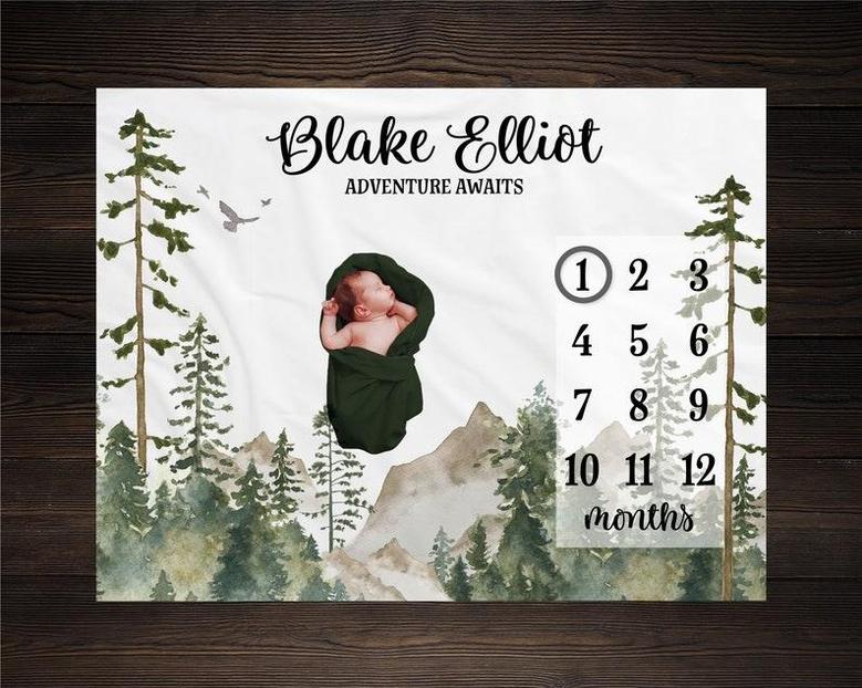 Mountains Milestone Blanket, Monthly Growth Tracker, Personalized Baby Blanket, Custom Blanket, Baby Shower Gift, New Baby Gift, Baby Boy