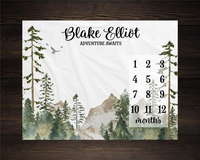 Mountains Milestone Blanket, Monthly Growth Tracker, Personalized Baby Blanket, Custom Blanket, Baby Shower Gift, New Baby Gift, Baby Boy