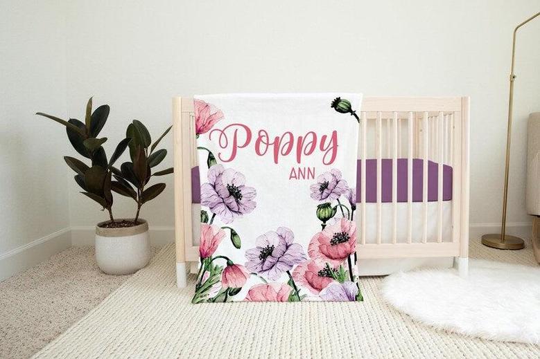 Pink and Purple Poppy Girl Blanket, Poppy Floral Crib Bedding, Personalized Baby Blanket, Floral Nursery Theme, Baby Shower Gift, Poppy F15