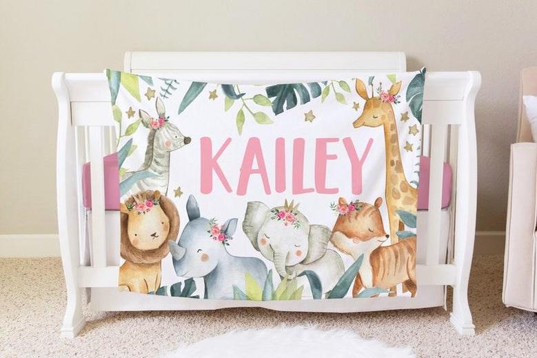 Safari Blanket, Personalized Baby Blanket Gift, Toddler Blanket, Jungle Nursery, Toddler Birthday Gift, Elephant Giraffe