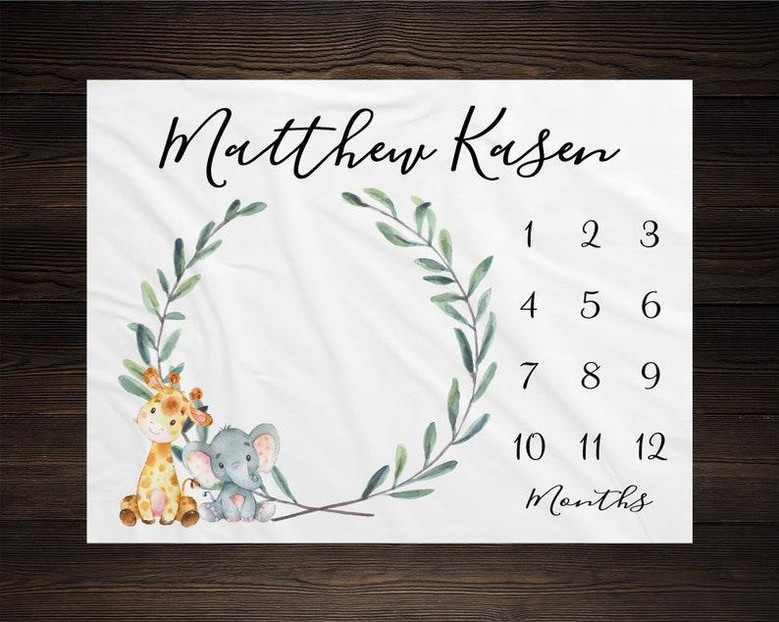 Safari Milestone Blanket Monthly Growth Tracker Soft Fleece Giraffe Elephant Blanket New Mom Gift Newborn Gift Blanket Watch Me Grow Boy