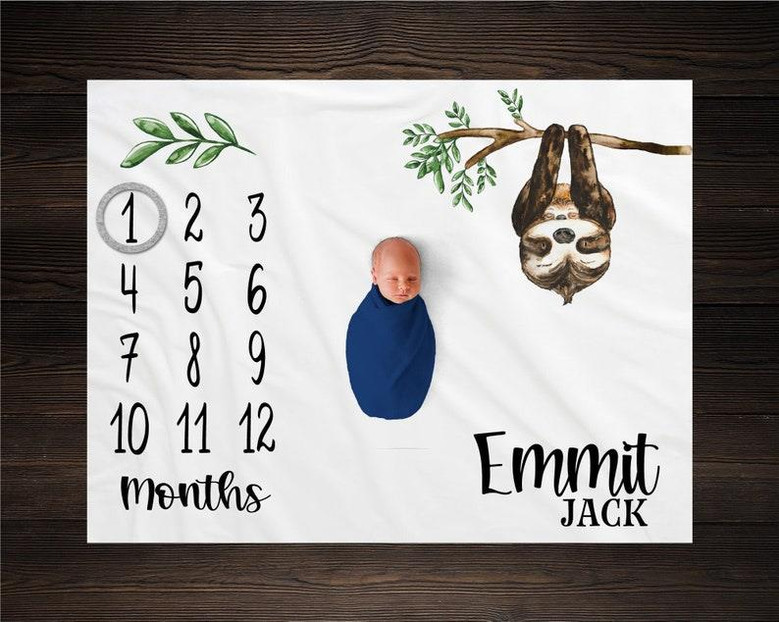 Sloth Milestone Blanket, Monthly Growth Tracker, Personalized Baby Blanket, Custom Blanket, Baby Shower Gift, New Baby Gift, Baby Boy Sloth