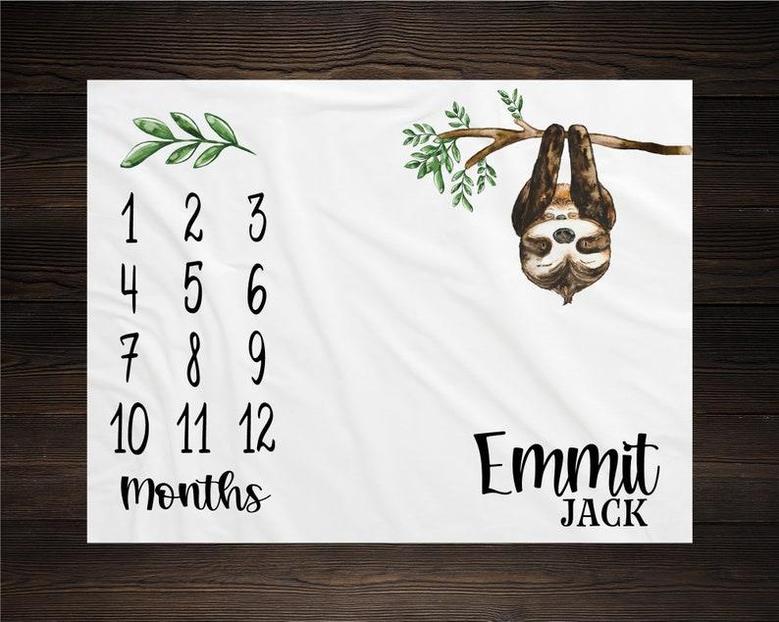 Sloth Milestone Blanket, Monthly Growth Tracker, Personalized Baby Blanket, Custom Blanket, Baby Shower Gift, New Baby Gift, Baby Boy Sloth