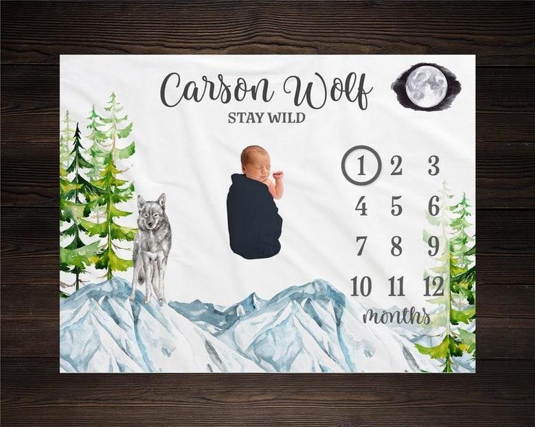 Wolf Baby Milestone Blanket, Monthly Growth Tracker, Personalized Baby Blanket, Custom Blanket New Baby Gift, Baby Boy