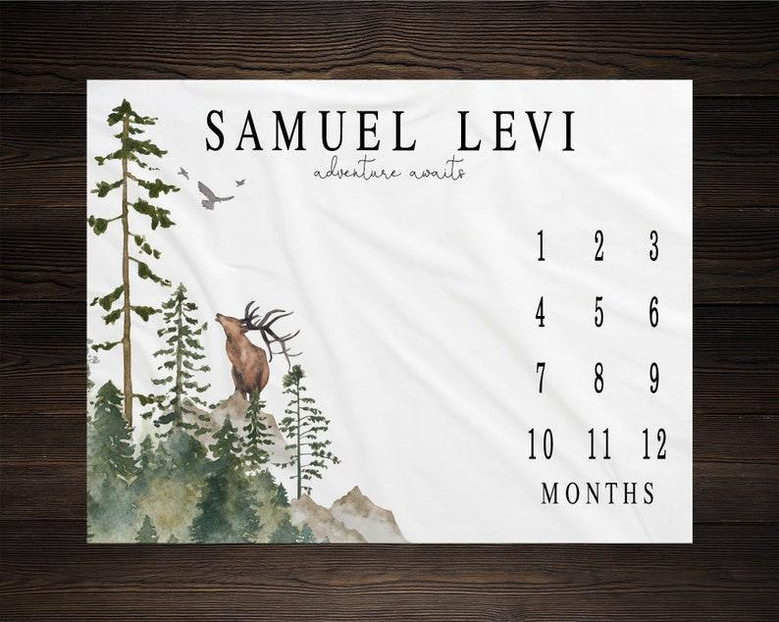 Woodland Milestone Blanket, Monthly Growth Tracker, Personalized Baby Blanket, Custom Blanket, Baby Shower Gift, New Baby Gift