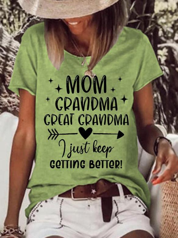 Women's Funny Word Mom Grandma Great Grandma I Just Keep Getting Better T-shirt