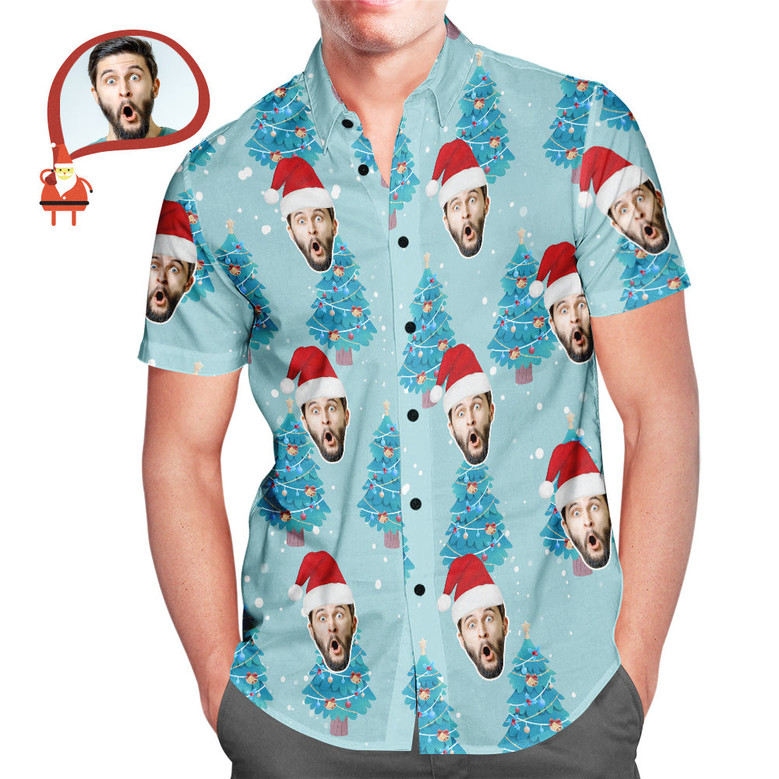 Custom Face All Over Print Blue Hawaiian Shirt Christmas Tree Style Gift For Him