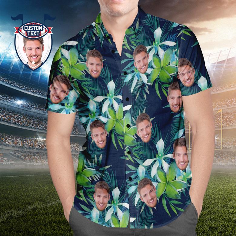 Custom Face And Text Hawaiian Shirt Printed Hawaiian Shirt for Fans Personalized Gift For Fans Leaves & Petal