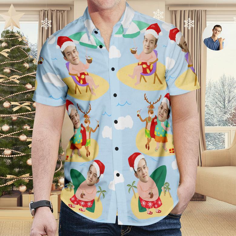 Custom Face Christmas Hawaiian Shirt Surfing Santa Hawaiian Shirt Gift for Men