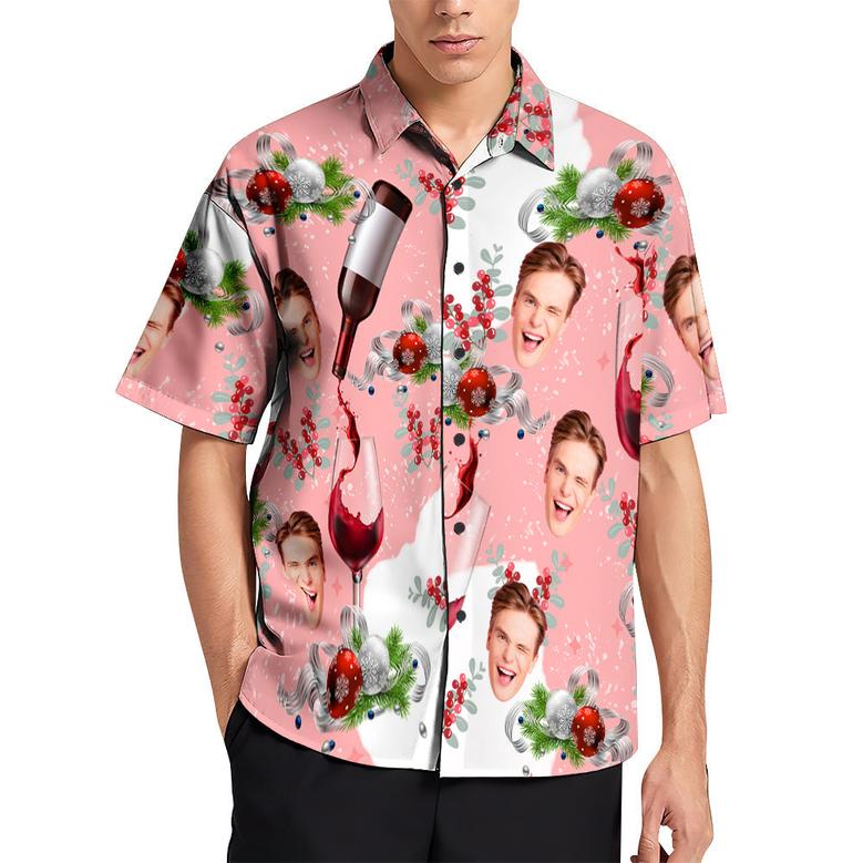 Custom Face Hawaiian Shirts Pink Christmas Men's Christmas Shirts A Glass Of Fine Wine