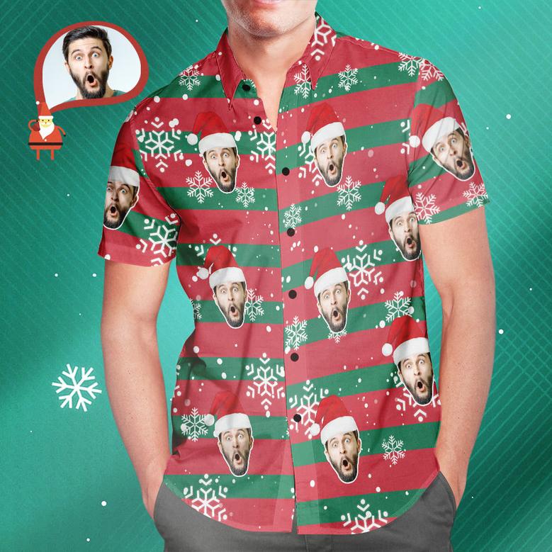 Custom Face Santa Red and Green Christmas Hawaiian Aloha Shirts