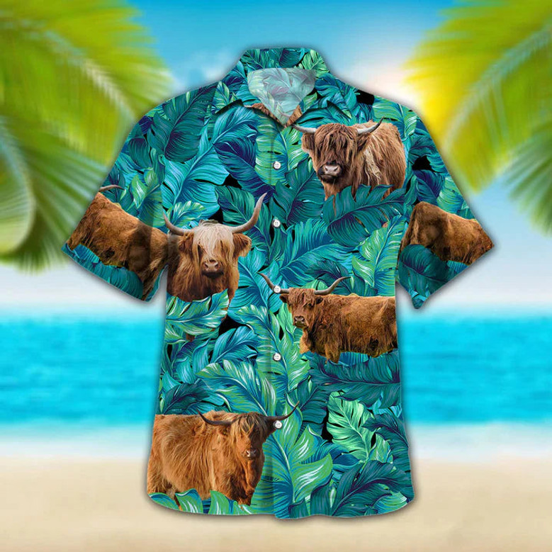 Highland Cattle Lovers Hawaiian Shirt, Animal Hawaiian shirt vintage flower, Short Sleeve Hawaiian Aloha Shirt for men, Women